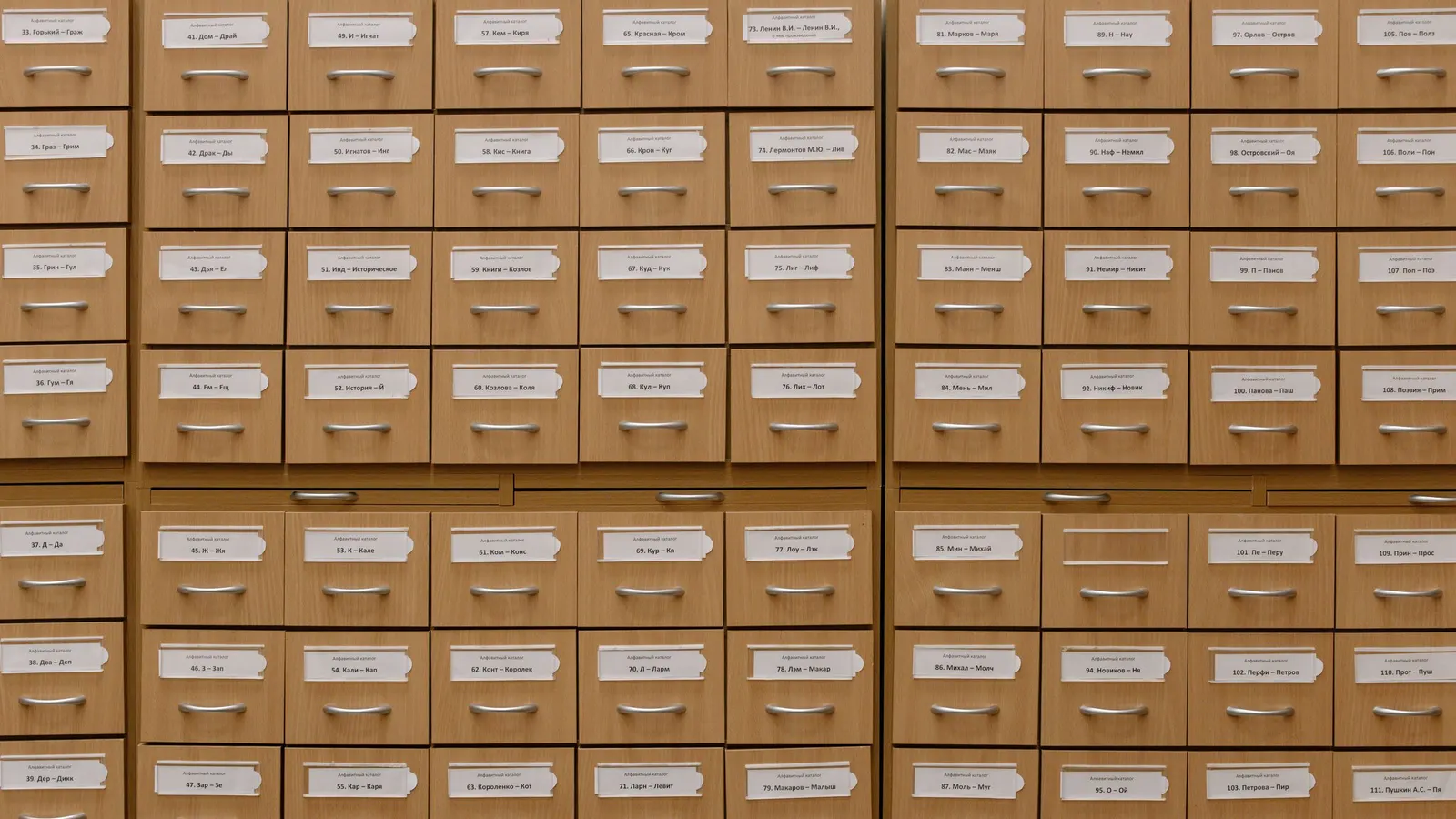 Rows of labelled wooden index drawers.